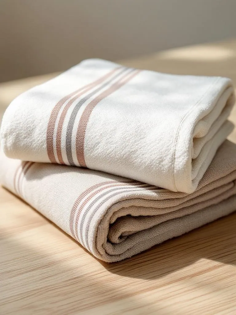 Tea towel manufacturer Karachi Pakistan showing folded cotton tea towels with woven stripe pattern, top view